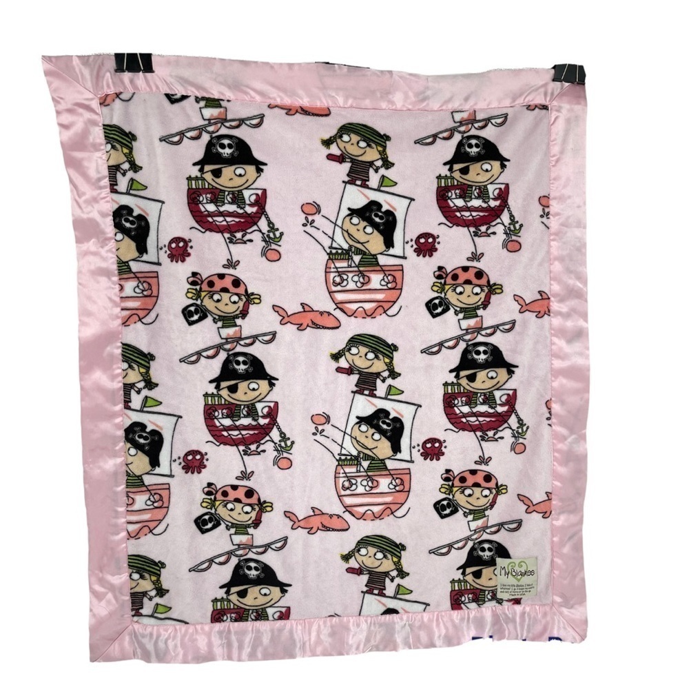 My Blankee Security Blanket Pink Minky Dot Plush Satin Trim Lovey Pirate Print